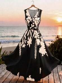 Vestido casual de mujer sin mangas con estampado de posicionamiento simple, vestido acampanado con cintura ceñida, adecuado para verano casual, vacaciones, primavera/verano, oficina, diario, fiesta, playa, graduación, uso versátil de oficina, ves - Multicolor 6 - Ver 4