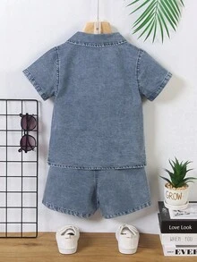 2026 New Boys' Summer Denim Set, Casual Solid Color Light Blue Short Sleeve Denim Shirt And Shorts 2pcs Outfit - Dark Wash - View 7