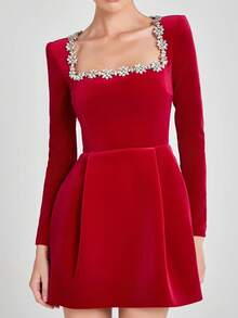 Vestido corto terciopelo primavera mujer cuello cuadrado con brillos elegante y moderno - Rojo - Ver 5