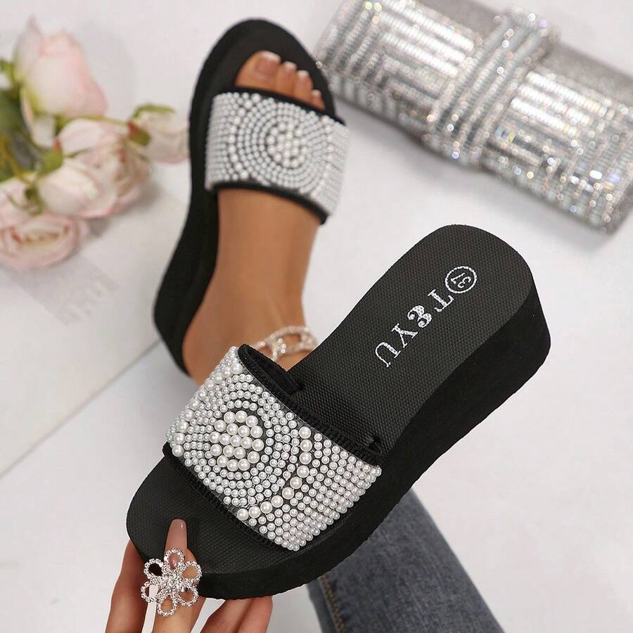 Women's Rhinestone & Faux Pearl Decor Strap Thick-Sole Beach Slippers, Vacation Style For Outdoor Wear - Black - View 1