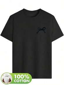 Camiseta 100% con diseño de corazón para mujer - Suave y cómoda, de manga corta, estilo casual para primavera/verano con diseño de lazo, lavable a máquina - Camiseta unisex de algodón h - Negro - Ver 3