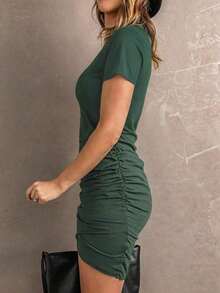 LUNE Vestido casual de mujer de unicolor con cuello redondo, manga corta y plisado - Verde - Ver 4
