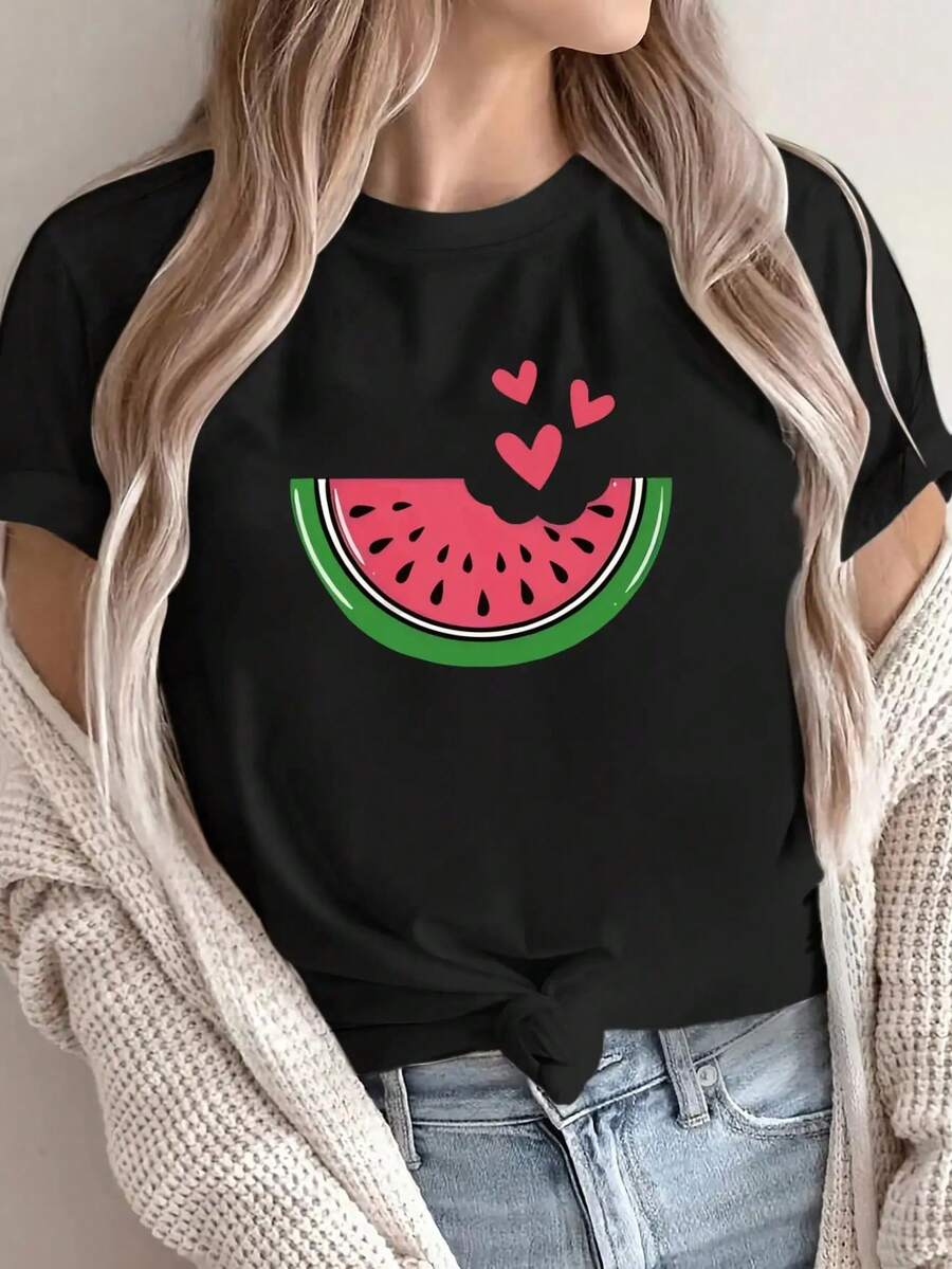 Women's Extra Large Oversized T-Shirt With Watermelon Print - Watermelon Slice And Cartoon Heart Design, Soft And Casual Summer Crew Neck T-Shirt, Breathable And Machine Washable For Everyday Wear By Women, Fun Graphic Tee, Comfortable Fabric T-Shirt - 黑色 - 查看 1