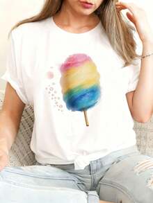 Camiseta casual de mujer con estampado de caramelos, camiseta negra con estampados de caramelos y burbujas en rosa, amarillo y azul, combinada con un conjunto de jeans rasgados de color azul claro-ideal para festivales de música de verano, fiestas de cumpleaños, el Día de la Madre y para uso casual diario. - Blanco - Ver 6