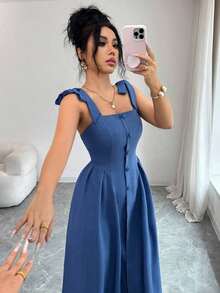 Nuevo vestido midi tejido bicolor con textura y tirantes anudados, elegante y versátil para uso en la oficinaXhen - Azul - Ver 6