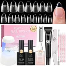 Beetles 320Pcs 16Sizes Flat-X Almond Short Nail Tips Kit, 20g Nail Glue Gel & 10ml Glue Remover, 7.5ml Base Gel Top Coat With Mini UV Lamp, Acrylic Press On Nail Extension DIY Home Manicure - 320Pcs Almond Short (Hand-Free Glue+Remover) - 查看 8