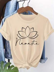 Women's Elegant Short Sleeve T-Shirt 2026 With Lotus Print "Namaste", Fashionable Retro Style, Casual Sporty Round Neck Short Sleeve T-Shirt For Spring/Summer/Autumn. - 杏色 - 查看 7