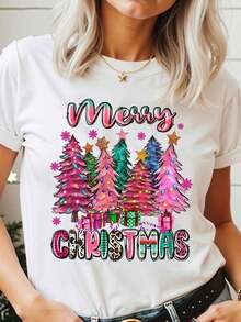 Women's Basic Short-Sleeved T-Shirt, Korean Christmas Casual Style, With Creative Graphic Print Of Christmas Tree And Cute Lettering, Ideal For Christmas Parties. - White - View 7
