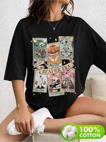 Camiseta de algodón con estampado casual de moda para mujer - Negro - Ver 6