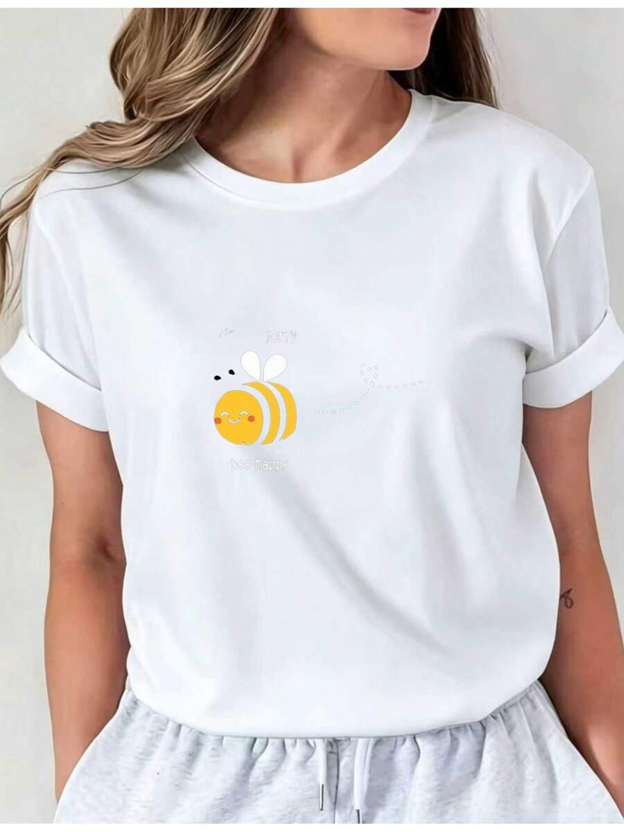 Women's Short-Sleeved Crop Top With A 2D Bee Print, Conveying A Message Of Joy And Carefree Spirit. A Casual And Unique Mini Top, Suitable For All Seasons And Available In Multiple Colors. I01 Round Neck Casual Top, Comfortable Women's Clothing, Ladies' Blouses. - 白色 - 查看 1