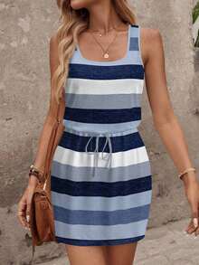 Vestido corto casual de mujer con estampado de rayas de contraste, adecuado para vestido de vacaciones de primavera/verano, vestido elegante para salir, casual - Azul - Ver 3