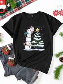 Red Short-Sleeved T-Shirt With A Korean Christmas Reindeer And Santa Claus Print. Versatile, Fashionable, Creative, And With A Charming Christmas Style, Suitable For Holiday Parties And Outdoor Wear. Printed T-Shirt. - 黑色 - 查看 4