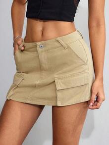 Falda pantalón vaquera versátil y casual con bolsillos para mujer - Caqui - Ver 7