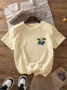 Printed T-Shirt With Green Leaf And Blueberry Design, Casual Short-Sleeved Top With Round Neck, Suitable For Daily Wear In Spring And Summer, Women's Clothing, Soft And Breathable Fabric, Printed T-Shirt, Adult Size, Fashionable Women's Clothing. - 白色 - 查看 10