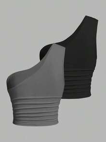 Blusa de un hombro de punto en tonos negro y beis para mujer - Gris - Ver 2