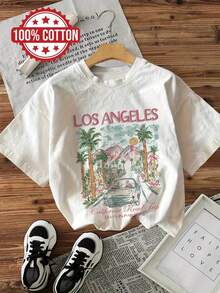 Graphic Print T-Shirt, Short Sleeves And Round Neck, Casual Top For Summer And Spring, Women's Clothing - 白色 - 查看 6