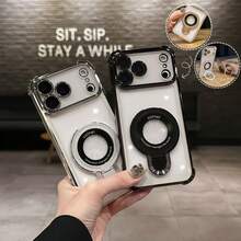 U-Shaped Large View Window Holder With 4-Corner [Lens Film] Shockproof Airbag Case Compatible With Apple 7/8/X/XR/XS Max/11/12/13/14/15/16/17 Pro Max, Galaxy A14/A15/A16/A17/A04/A05/A06/A07/A54/A55/A56/A57/A34/A35A/36/A37/S26/S26 Plus/S26 Ultra, Transsion SMART7/8/10, Honor 400/400 Pro/400 Lite Soft Full-Coverage Phone Case - Black - View 2