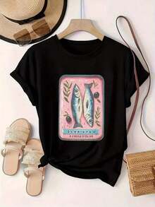 Women's Casual Short-Sleeved Crew Neck T-Shirt With Sardine Print. - Vintage Street Style Unisex Cotton Short Sleeve Crew Neck T-Shirt - 黑色 - 查看 6