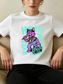 Women's T-Shirt: Ladies' White Summer T-Shirt, Modern Hip-Hop Style, Pink Rap Style Cat Print, Vibrant Purple Singing Cat, Neon Green Portable Speaker, Vintage Gold Chain, Urban Graffiti Art Style, Musical Performance Theme, Fashionable Aesthetic Top For Casual Parties And Concerts. - 白色 - 查看 9
