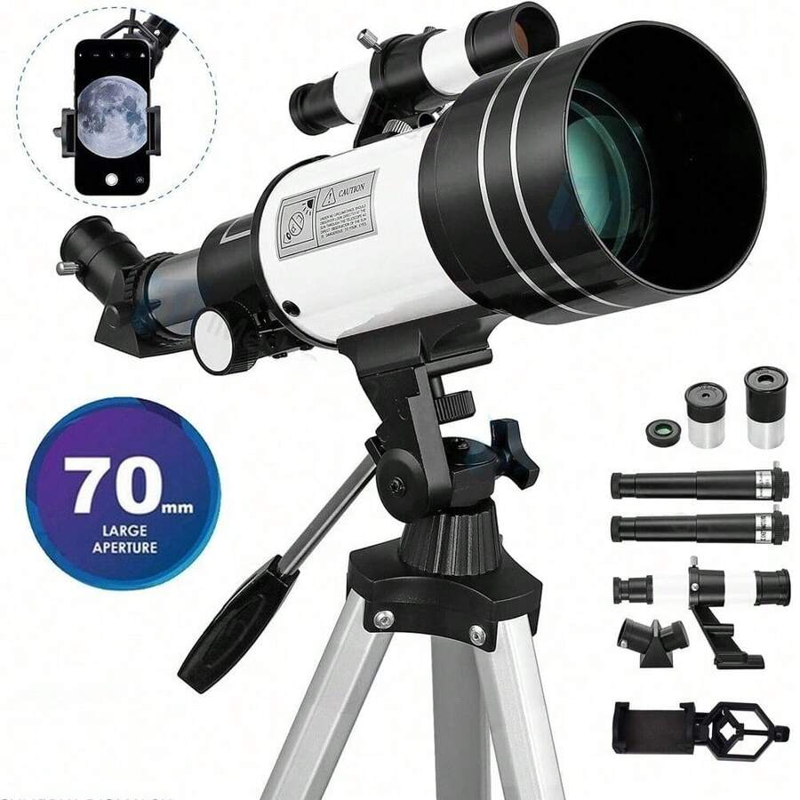 70-mm-Astronomisches Teleskop – Refraktorobjektiv, BAK4-Prismensystem, 300 mm Brennweite, weites Sehfeld, verstellbares Stativ, einfache Fokussierung, mit Mondreflektor, leicht und tragbar (nicht-professionelle Version), geeignet für Anfänger in der Sternenbeobachtung, Erkundungen im Freien, naturwissenschaftliches Lernen und astronomische Beobachtungen im eigenen Garten. - A - Übersicht 1