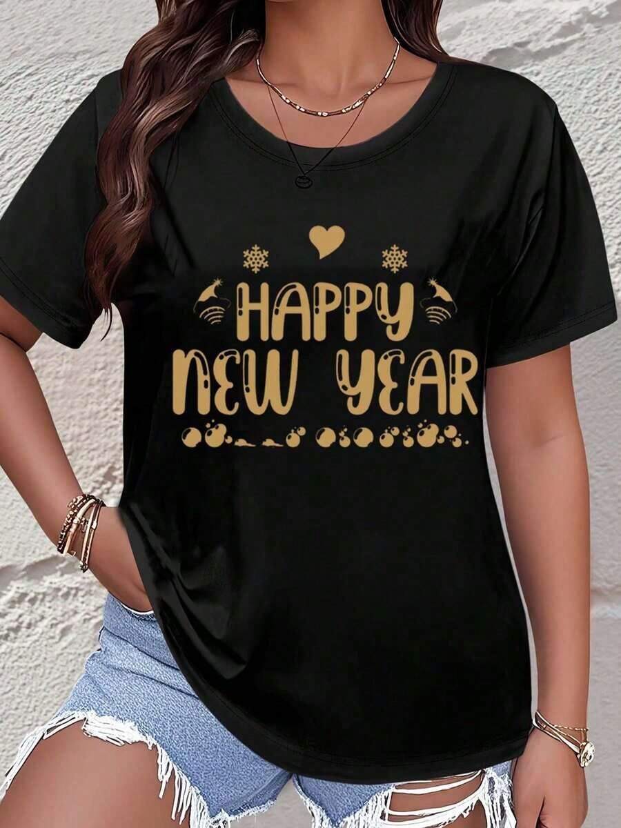 Women's Short-Sleeved T-Shirt With A Happy New Year Gold Foil Print, Perfect For Parties, Celebrations, And Casual Wear. - 黑色 - 查看 1