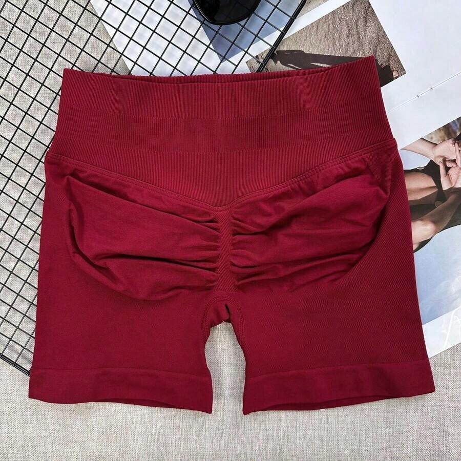 Pantalones cortos de yoga sin costuras de cintura alta para mujer - Levantamiento de glúteos elástico, adecuado para correr, fitness y actividades al aire libre| Apariencia de moda| Tela elástica de verano - Rojo - Ver 1