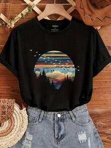 [Exclusivo] G7271 [Camiseta con Estampado de Ilustración de Paisaje, Novedad 2024] 100% Algodón - Negro - Ver 7