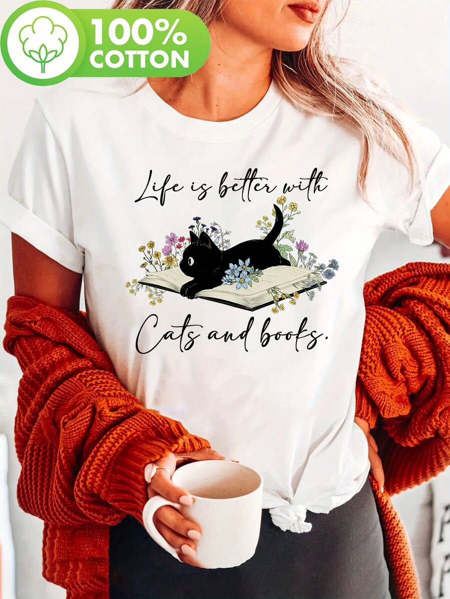 Camiseta de Manga Corta con Estampado de Gatos, Cuello Redondo Casual para Mujer - Ropa de Primavera y Verano - [Blanco] - Ver 1