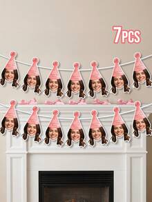 7/14/21pc Custom Photo Birthday Face Bunting Banner, Personalized Pink Party Hat Garland, Cute Adult Birthday Decor, Funny Photo Booth Prop - Multicolor - View 7