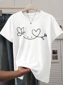 Women's Graphic T-Shirts, Elegant Short Sleeve T-Shirt With Continuous Print Of Butterflies, Hearts And Flowers, Fashionable Retro Style, Casual Sporty Top For Spring/Summer/Autumn, Short Sleeve T-Shirt With Round Neck, Available In Sizes S-XXL, 100% Cotton. - 白色 - 查看 1