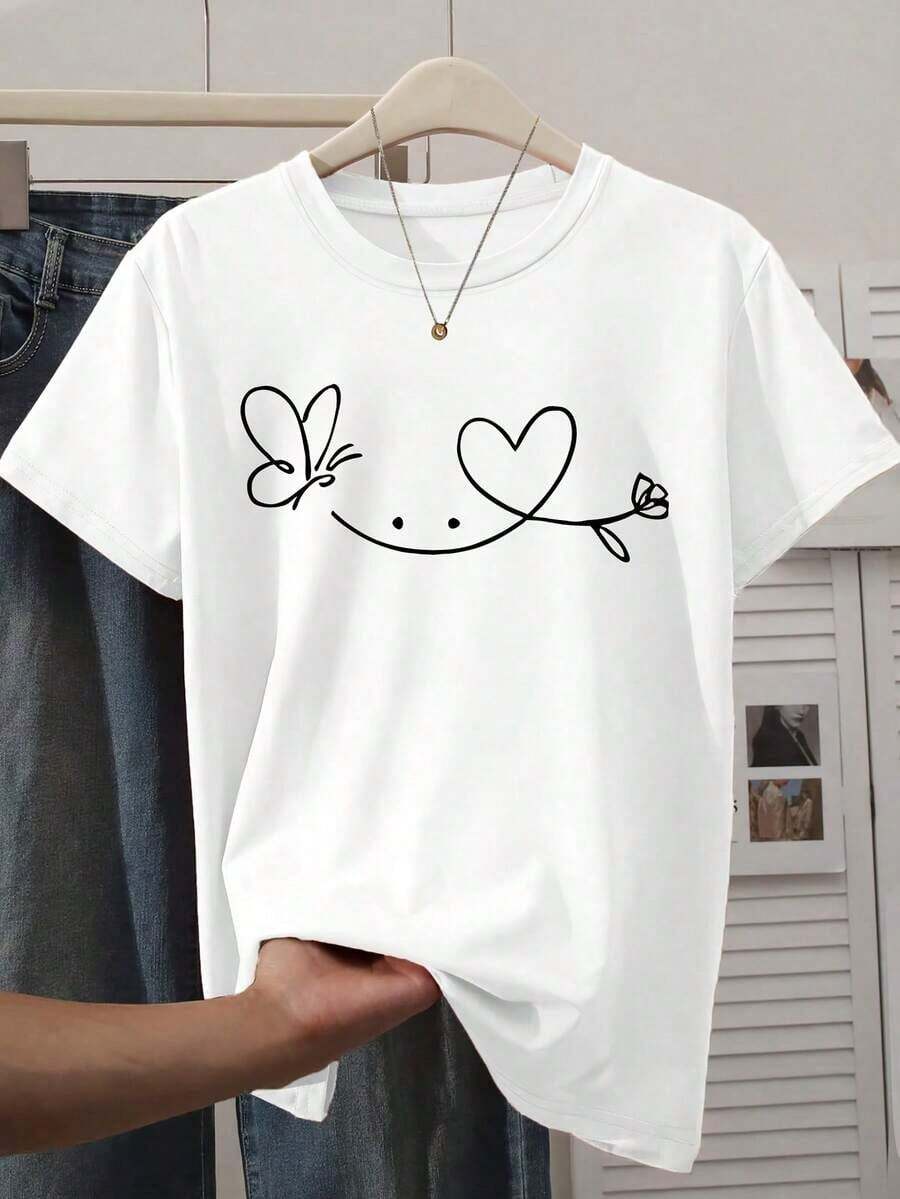 Women's Graphic T-Shirts, Elegant Short Sleeve T-Shirt With Continuous Print Of Butterflies, Hearts And Flowers, Fashionable Retro Style, Casual Sporty Top For Spring/Summer/Autumn, Short Sleeve T-Shirt With Round Neck, Available In Sizes S-XXL, 100% Cotton. - 白色 - 查看 1