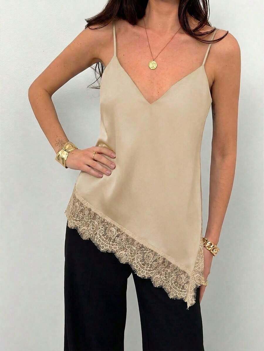 Top de tirantes de mujer con encaje y bajo asimétrico - Camel - Ver 1