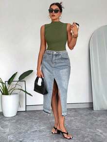 Body sin mangas para mujer con cuello alto y pliegues casuales de verano - Verde militar - Ver 6