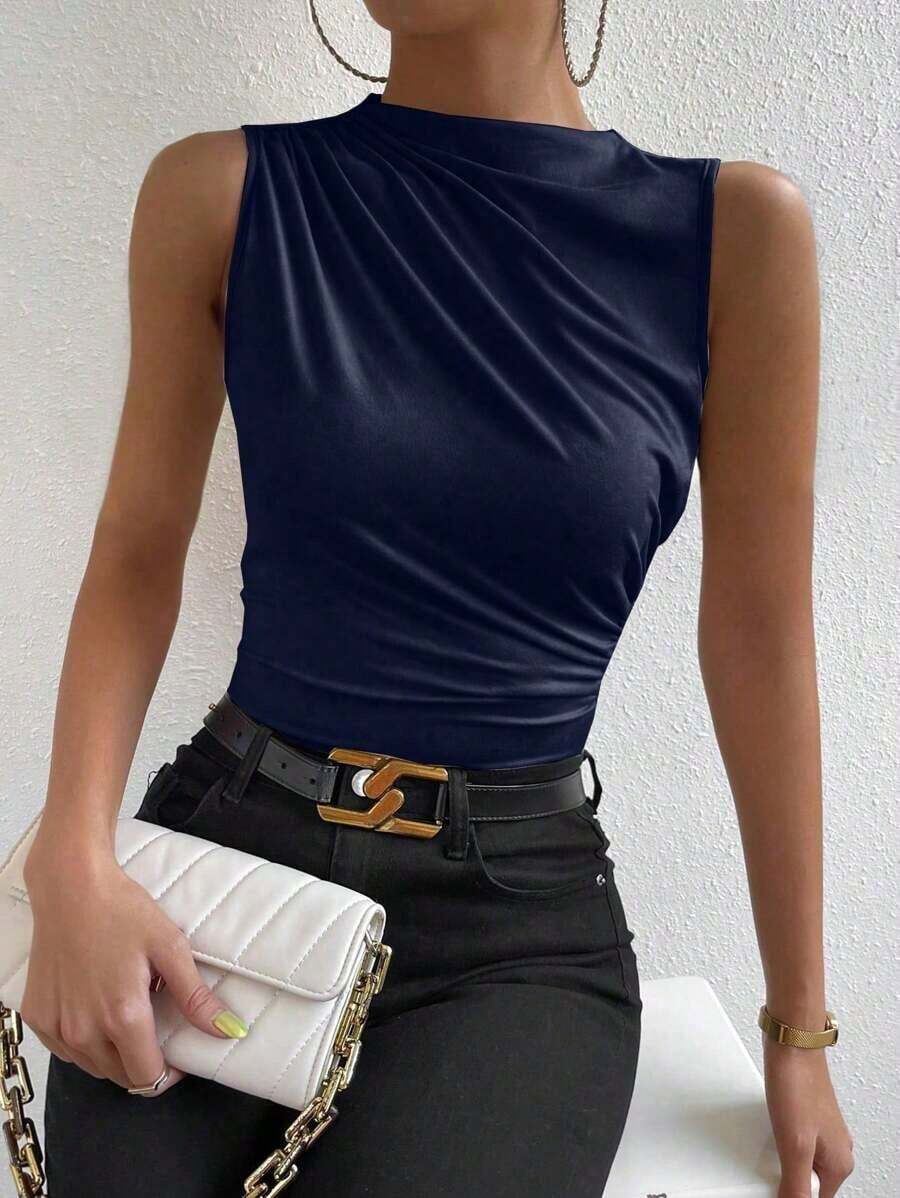 Blusa casual versátil con cuello alto y plisados para mujer - Azul marino - Ver 1