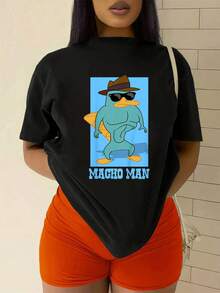 Fun Graphic Of A Muscular Duck Wearing Sunglasses And A Hat, Projecting A Confident And Comical Attitude. Comfortable Casual Women's T-Shirt, Ideal For Everyday Wear And Pairing With Jeans Or Shorts. - 黑色 - 查看 2