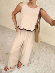 Conjunto de 2 piezas de top de tirantes y pantalones de moda casual de vacaciones para mujer - Albaricoque - Ver 7