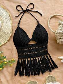 Top de punto con cuello de halter, bajo con flecos y cuentas para mujer, adecuada para vacaciones, citas, té de la tarde, playa, crucero, viaje a la ciudad, temporada de bodas, festival de música, vacaciones bohemias - Negro - Ver 1
