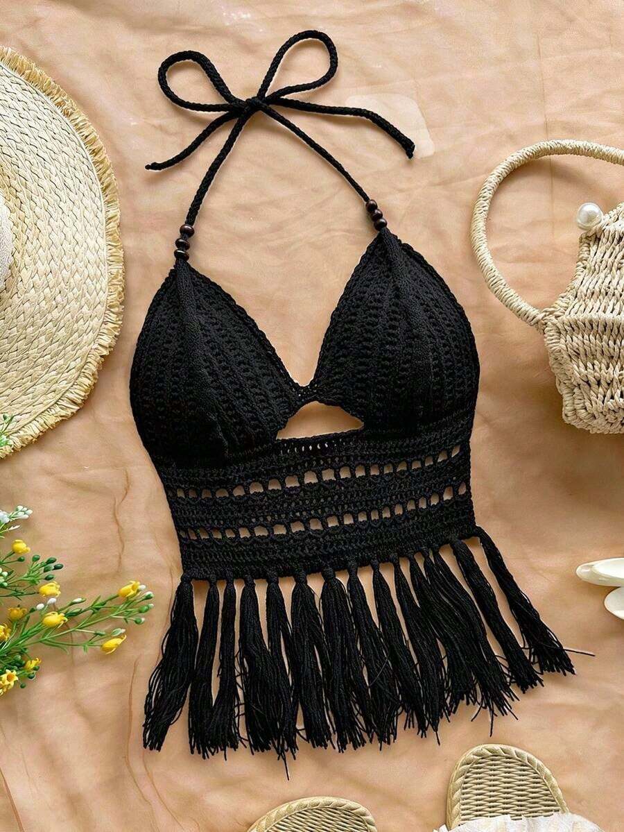 Top de punto con cuello de halter, bajo con flecos y cuentas para mujer, adecuada para vacaciones, citas, té de la tarde, playa, crucero, viaje a la ciudad, temporada de bodas, festival de música, vacaciones bohemias - Negro - Ver 1