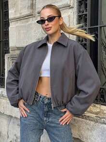Chaqueta con bolsillo con cremallera de lunares rosas para mujer - Abrigo casual suelto con solapa para primavera/otoño - Gris Oscuro - Ver 4