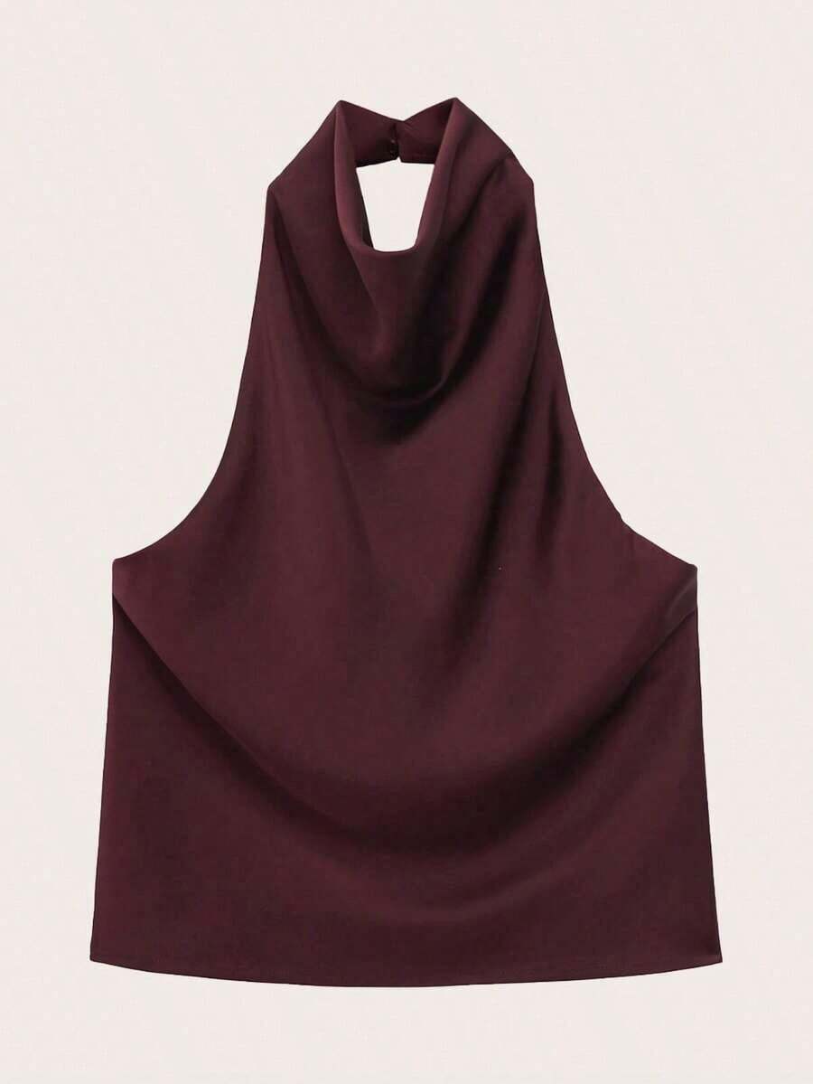 Top sin mangas de satén con cuello halter y espalda descubierta, primavera/verano - Burdeos - Ver 1