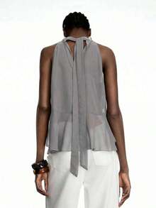 Elegant Solid Color Halter Top With Ruffles For Women - 灰色的 - 查看 6