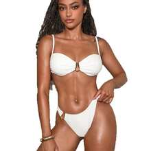 Solid Color Metal Decor Two-Piece Bikini Set Swimsuit Women's Swimwear - White - View 6