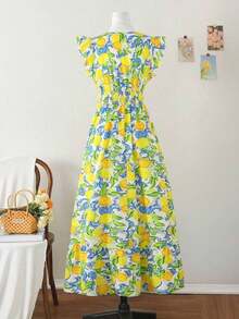 Vestido largo elegante de mujer con cintura fruncida y volantes, vestido de verano para vacaciones, vestido para citas - Multicolor 2 - Ver 8