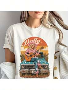1 pieza de camiseta, sudadera con capucha o sudadera de manga larga y cuello redondo con diseño vintage de una vaquera en un camión y un paisaje del oeste - con un diseño de puesta de sol vintage, lavable a máquina, regalo para conciertos de mujeres, 180g 100% algodón. - Blanco - Ver 5