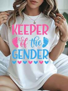 1 "Gender Guardian" T-Shirt For Pregnancy Announcement, Gender Reveal Party Gift, Casual Women's T-Shirt, Unisex Top, 180g, 100% Cotton. - 白色 - 查看 7