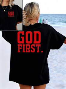 A Phrase In Large Red Letters Inspires Putting Faith And Hope First, Symbolizing Inner Strength And Confidence On The Spiritual Path. A Comfortable, Casual, Reversible Women's T-Shirt For Summer. - Black - View 1