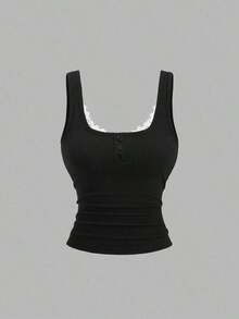 Camiseta de tirantes casual de mujer con parches de encaje - Negro - Ver 1