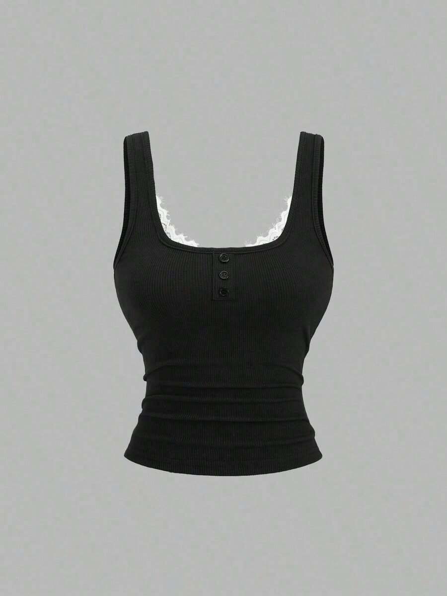Camiseta de tirantes casual de mujer con parches de encaje - Negro - Ver 1