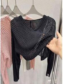 Pointelle-suéter de punto con capucha para mujer, Jersey transparente calado de manga larga, Top corto, traje Y2K para adolescente, primavera y verano - Gris - Ver 2