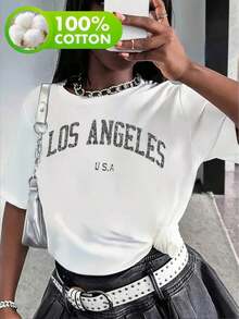 Women's Spring Summer Short Sleeve Top With Round Neck Print Of Los Angeles - White - View 1